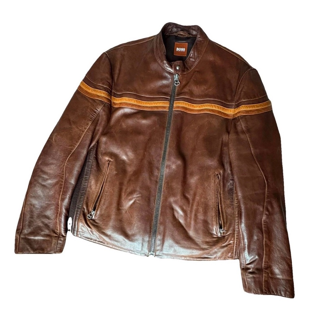 Hugo Boss Brown Leather Jacket with Orange Accents
